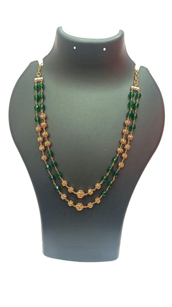 Stunning Emerald Green Beaded Necklace with Golden Beads