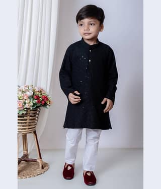 New Collection Boys Chanderi Sequined - Pattern Kurta Pant Set ( Dark Blue , Pack of 1 )