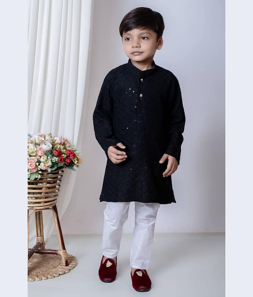 New Collection Boys Chanderi Sequined - Pattern Kurta Pant Set ( Dark Blue , Pack of 1 )
