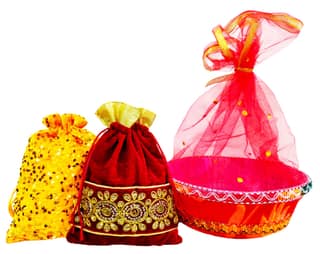 Omkar by R3 Inc. Royal Gift Basket & Shagun Potli Combo pack for Gifts Hampers | Fancy Gifting | Wedding Gifting|Shagun|Return Gift (Pack of 3 Large) Shagun Potli & Round Basket - Multi Color