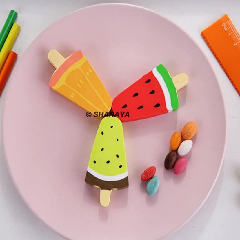 SHANAYA Eraser for Kids Ice Pop Fruit Shaped Pencil Erasers Set Return Gifts for Boys Girls Stationary School Items (Pack of 5 Erasers) view 3