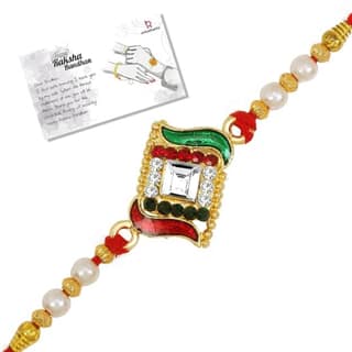 LIVE EVIL Premium Designer Rakhi for Brother with Kundan Crystal Stone, Pearl Beads, Red Green Enamel Work, Gold-Tone Finish & Traditional Red Thread Raksha Bandhan Special Rakhi Gift