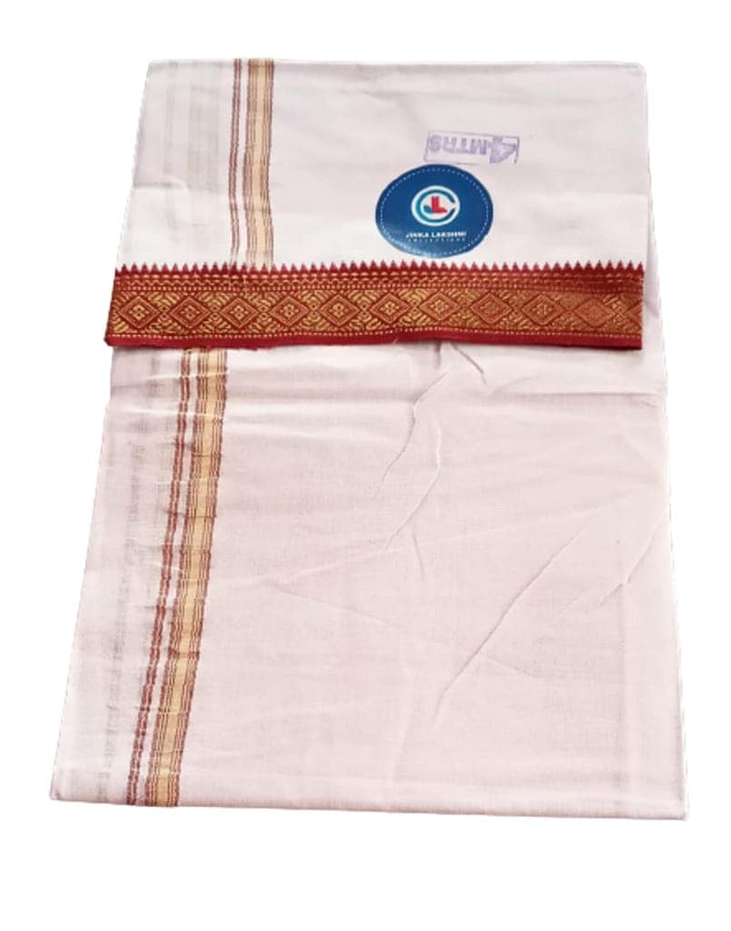 Jinka Lakshmi Collections Combo Handloom White Cotton Dhoti With Big Borders 4 Meters Unstitched Pack of 2 (Multicolor-2) view 4