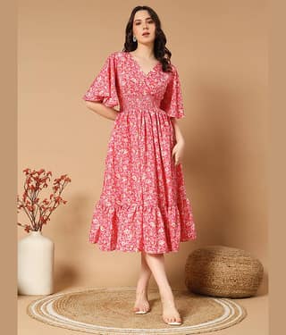 OTABU Women Polyester Printed Fit & Flare Dress ( Pink )