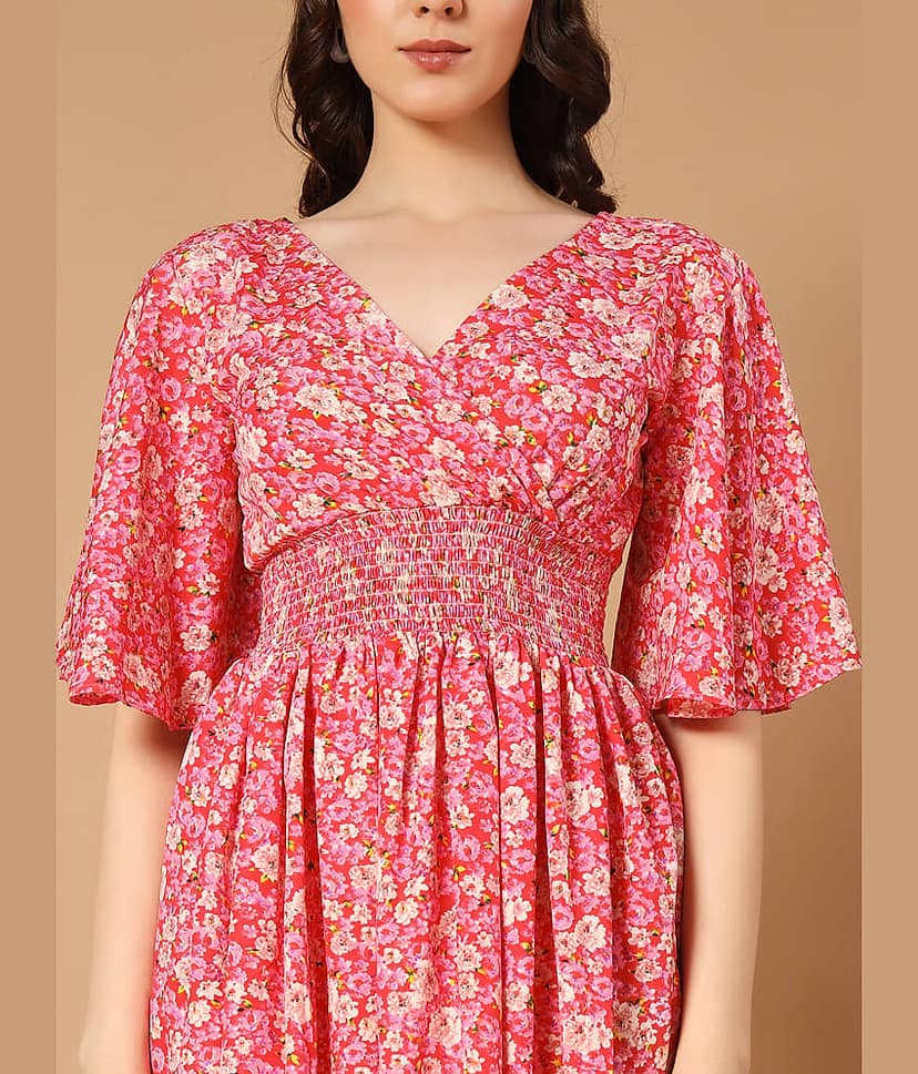 OTABU Women Polyester Printed Fit & Flare Dress ( Pink ) view 2