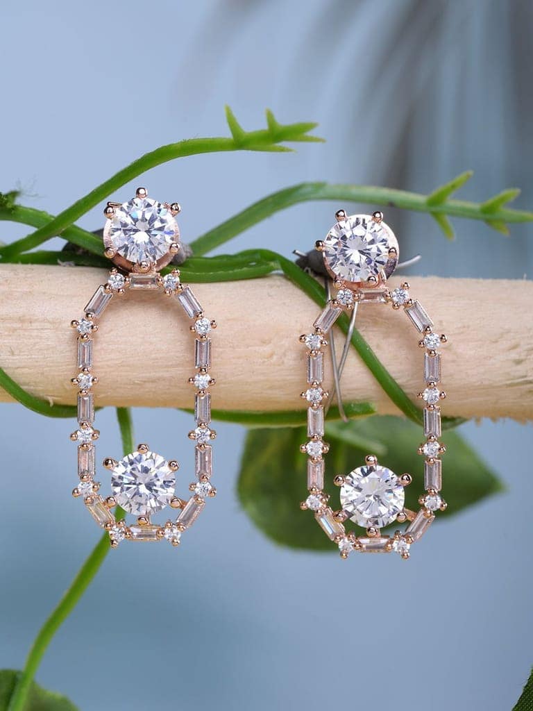 Rose Gold Plated White AD Studded Modern Dangler Earrings view 2