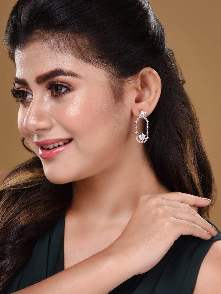 Rose Gold Plated White AD Studded Modern Dangler Earrings view 3