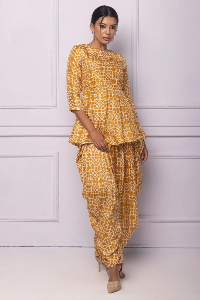 Muddy Yellow Printed Silk Dhoti Kurta Set view 3