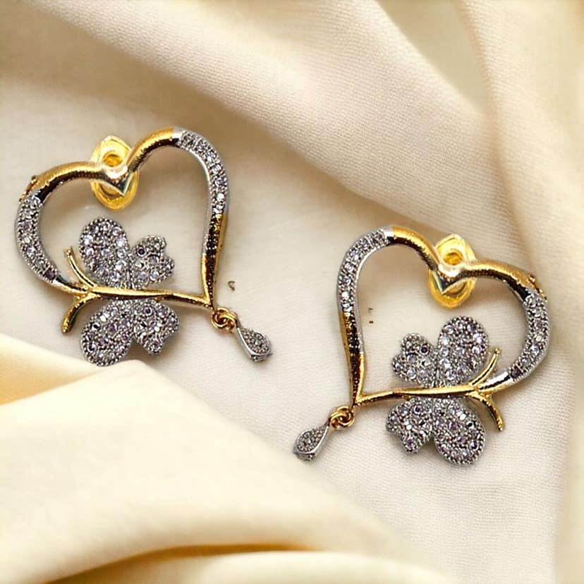 Lucky Jewellery 18K Gold Plated American Diamond (AD) White Color Heart and Butterfly Shape Pendant with Earring.(129-U2L1A-1289) view 2