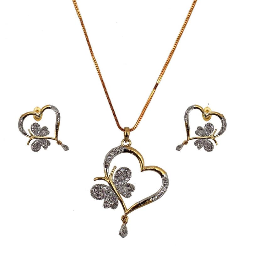 Lucky Jewellery 18K Gold Plated American Diamond (AD) White Color Heart and Butterfly Shape Pendant with Earring.(129-U2L1A-1289) view 3
