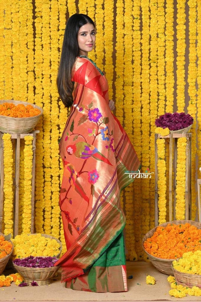 Rajsi~ EXCLUSIVE! Handloom Pure Silk Muniya Temple Border Saree WIth Handcrafted Parrot Pallu in Dark Green view 5