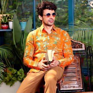 Tropical leaves Vivid Orange Casual Pure Linen Full Shirt (Size - M) by BLUE EAGLE