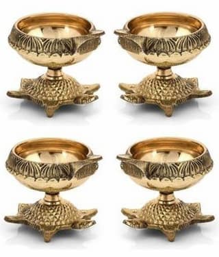 Fashion Bizz Pure Brass Deepak On Stand Diyas Table Diya Set - 10 cm, Pack of 4