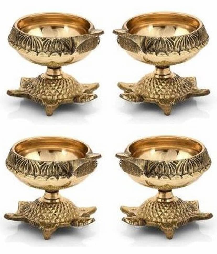 Fashion Bizz Pure Brass Deepak On Stand Diyas Table Diya Set - 10 cm, Pack of 4