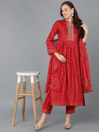 Red Silk Blend Anarkali Kurta Pant With Dupatta PKSKD1776