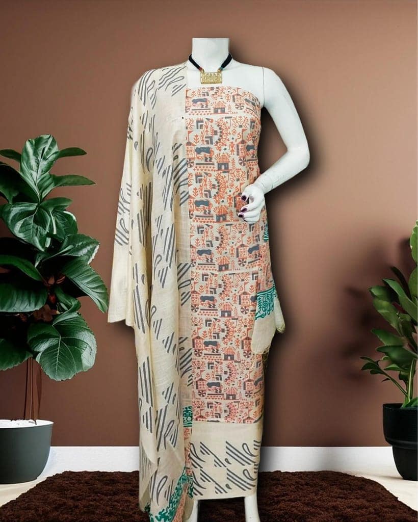 Katan Silk Suit Piece Beige Color Handcrafted with Bottom and Dupatta-9499 view 2