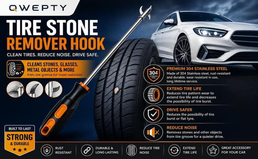 403/Stainlees Steel Tyre Stone Remover Tool, Multipurpose Car Hook, Tire Cleaning, Tyre Stone Picker for Motor Bike Truck Car Wheel Cleaing Hook with Solid Rubber Handle (Built-in Screwdriver) view 3