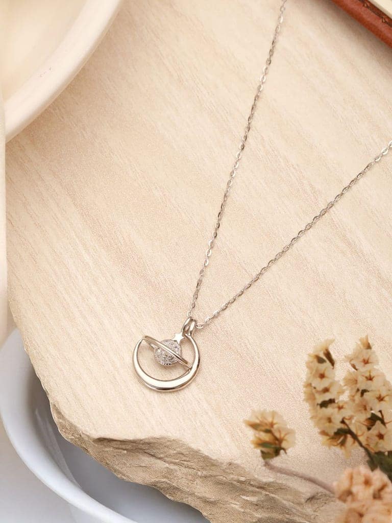 925 Sterling Silver Rhodium Plated Zircon Studded Saturn Cosmic Pendant Necklace & chain