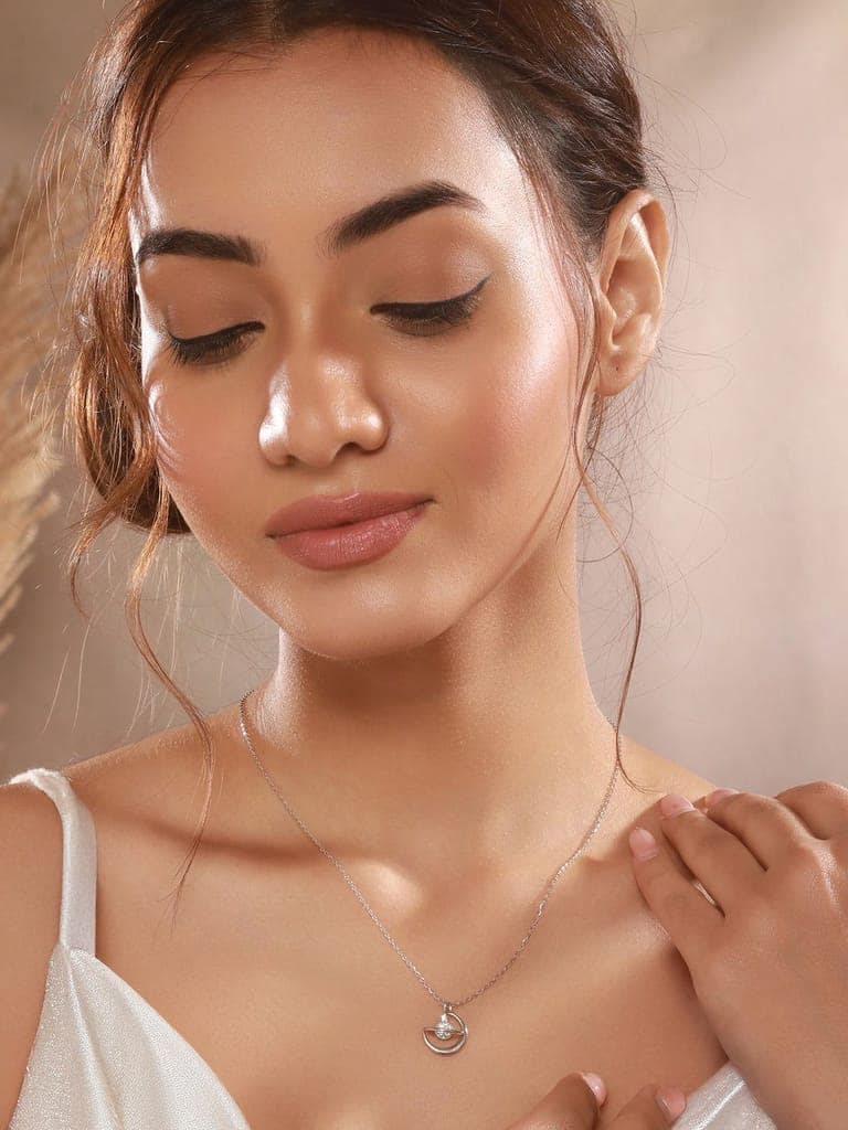 925 Sterling Silver Rhodium Plated Zircon Studded Saturn Cosmic Pendant Necklace & chain view 4