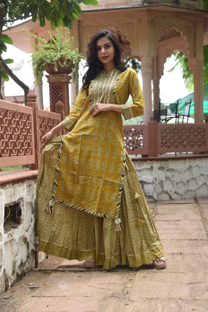 Bagru Handblock Print Cotton Kurta Skirt Set – Mustard view 2