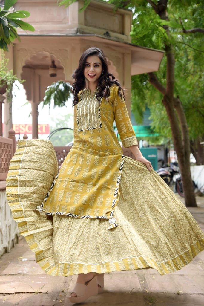 Bagru Handblock Print Cotton Kurta Skirt Set – Mustard view 3