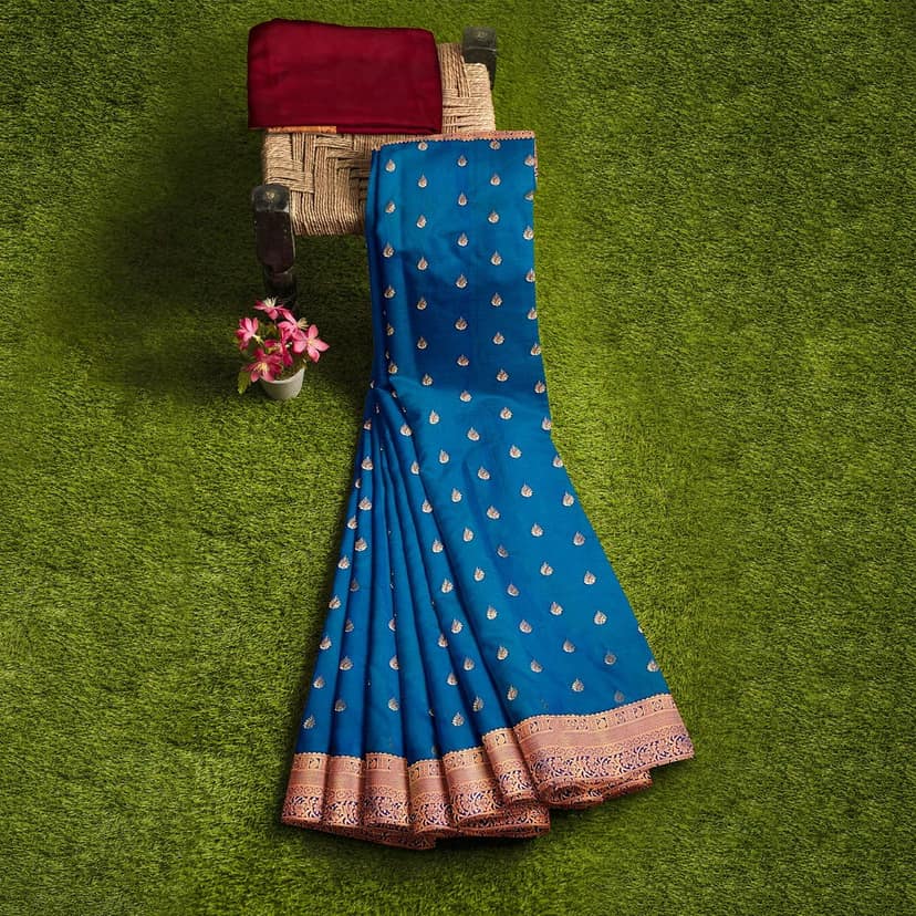 night blue with red color semi silk saree has 1000 buttas view 2