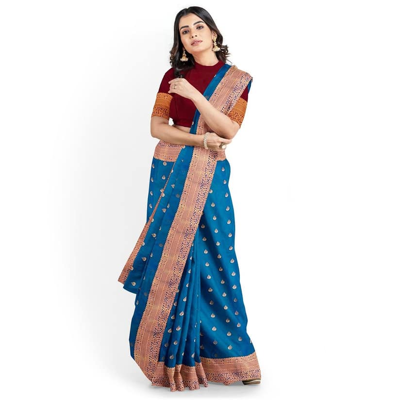 night blue with red color semi silk saree has 1000 buttas view 4