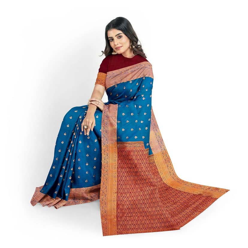 night blue with red color semi silk saree has 1000 buttas view 5