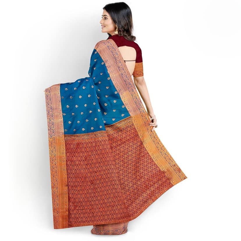 night blue with red color semi silk saree has 1000 buttas view 6