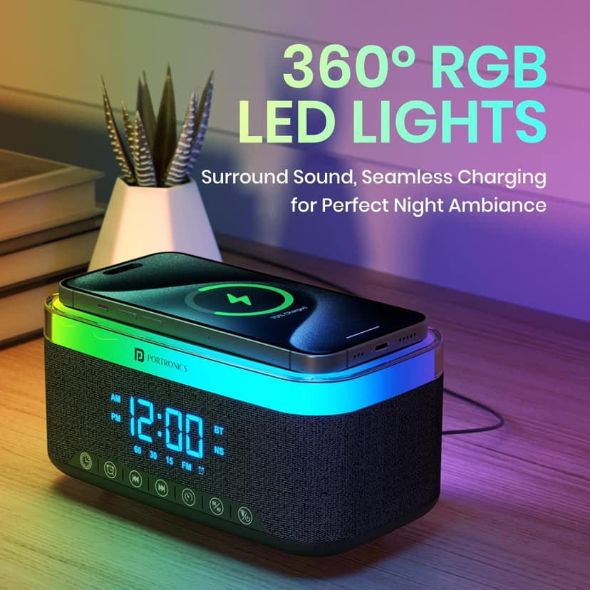 Portronics Trifusion 16W HD Sound Bluetooth Speaker with 15W Wireless Charging, 360°RGB LED Lights, Digital Clock with Alarm Setting, Built-in White Noise, USB, SD Card, AUX in, Type C Charging view 2