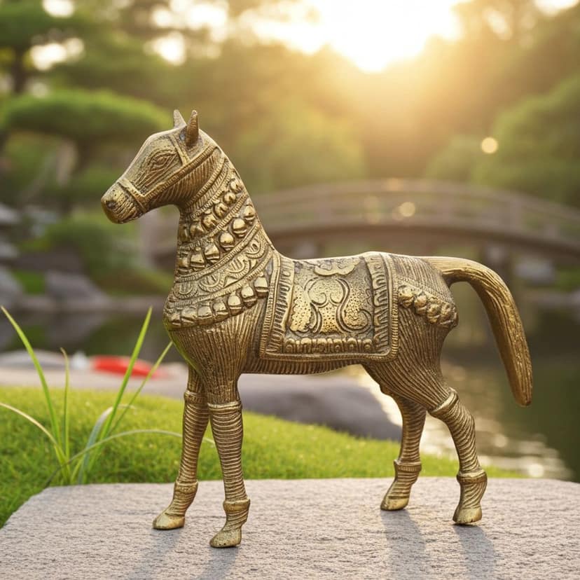Antique Finish Brass Horse Statue | Handcrafted Brass Animal Showpiece, Height : 8.2 Inch (ANMAS075 C)