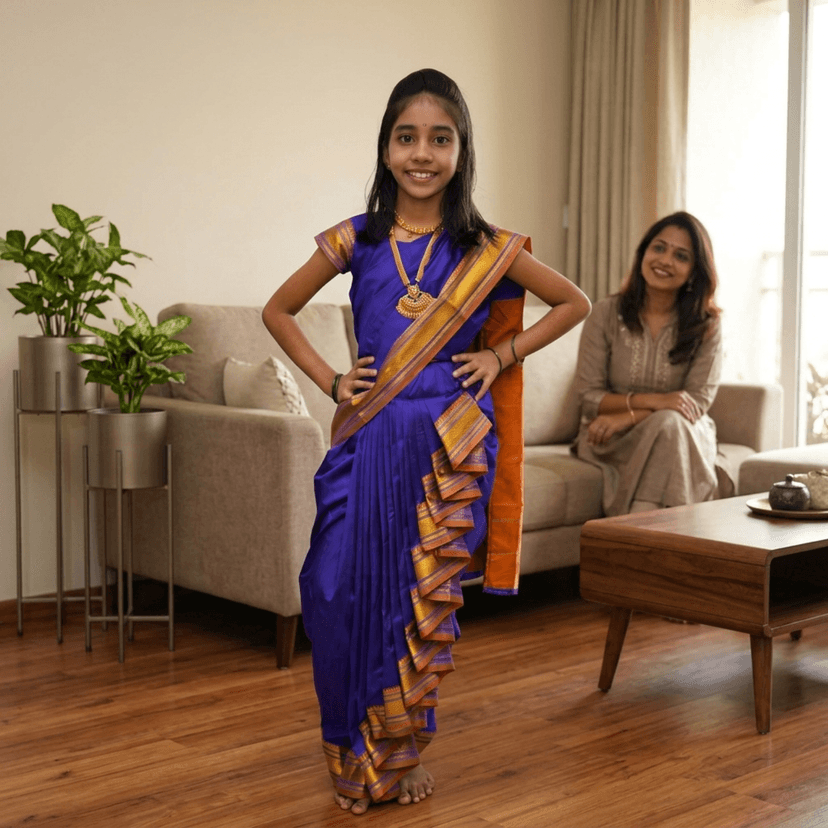 luster Shahi Mastani Nauvari saree for kids/girls Ready-to-wear with a stitched blouse, Traditional Maharashtrian Marathi saree, for School program ganpati pujas festival (Blue, 15-16 Years) view 3