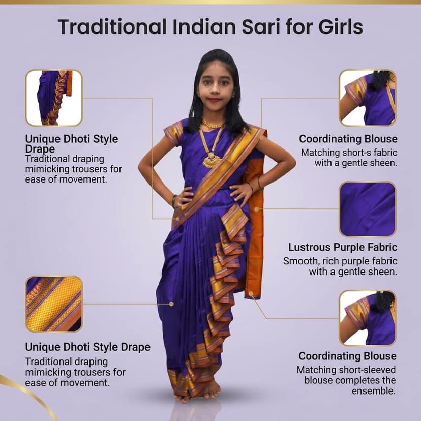 luster Shahi Mastani Nauvari saree for kids/girls Ready-to-wear with a stitched blouse, Traditional Maharashtrian Marathi saree, for School program ganpati pujas festival (Blue, 15-16 Years) view 4