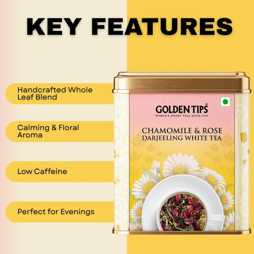 Golden Tips Chamomile & Rose Darjeeling White Tea – Handcrafted White Tea with Rose Petals & Chamomile – Refreshing, Floral Tasting Tea for Peaceful, Relaxing Moments (50 Gram- 25 Cups) view 3