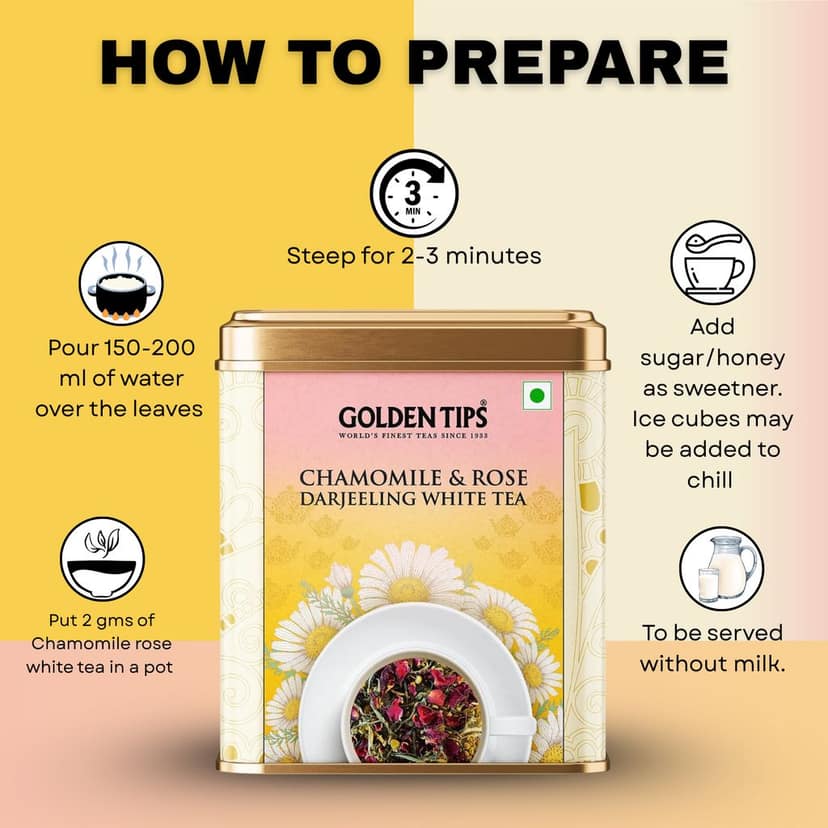 Golden Tips Chamomile & Rose Darjeeling White Tea – Handcrafted White Tea with Rose Petals & Chamomile – Refreshing, Floral Tasting Tea for Peaceful, Relaxing Moments (50 Gram- 25 Cups) view 4