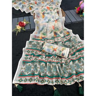 womens linen cotton printed saree with unstitched blouse 5mtr green pid63885