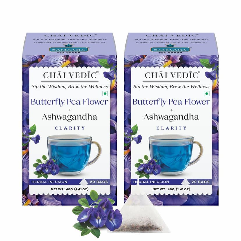 Chai Vedic Butterfly Pea Flower and Ashwagandha Herbal Infusion Tea, Clarity Blend, Tea Bags