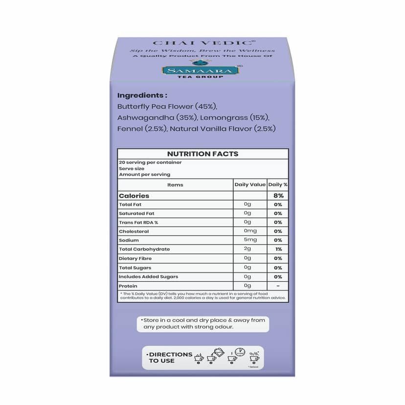 Chai Vedic Butterfly Pea Flower and Ashwagandha Herbal Infusion Tea, Clarity Blend, Tea Bags view 3