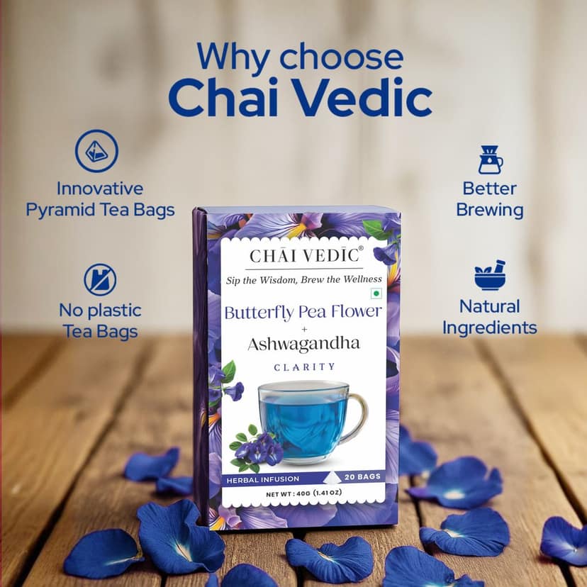 Chai Vedic Butterfly Pea Flower and Ashwagandha Herbal Infusion Tea, Clarity Blend, Tea Bags view 5