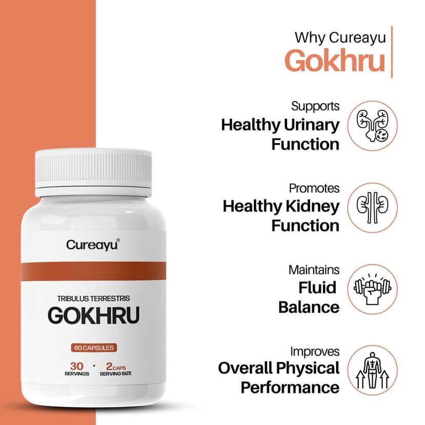 Cureayu Gokhru Capsules | Ayurvedic Support for Kidney Health | Boosts Urinary Flow & Vitality view 2