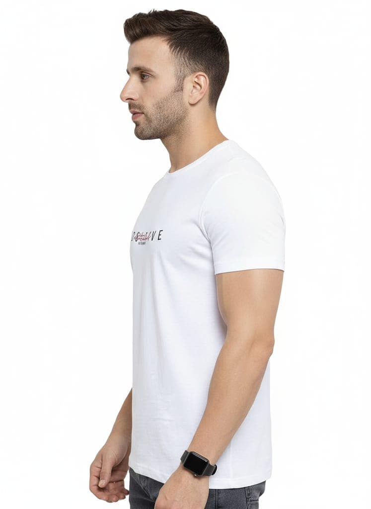 Men White Round Neck Printed T-Shirt – Positive Attitude Graphic Tee