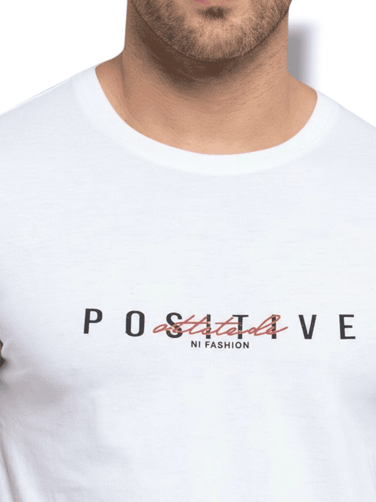Men White Round Neck Printed T-Shirt – Positive Attitude Graphic Tee view 4