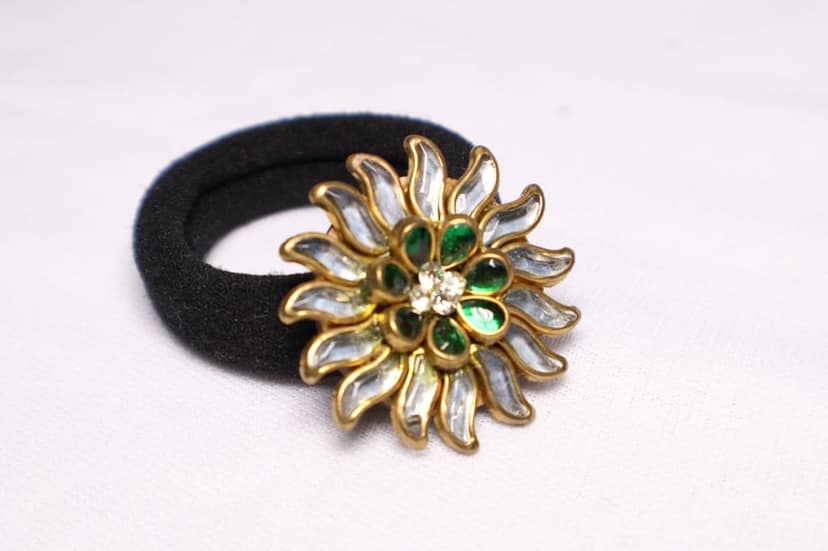 Green & White Floral Hair Tie – Designer Stone Embellished view 2