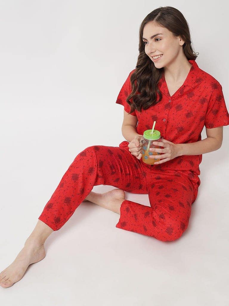 Printed Button Up Navy Nightsuit For Women With Pockets in Pyjamas N74Rd