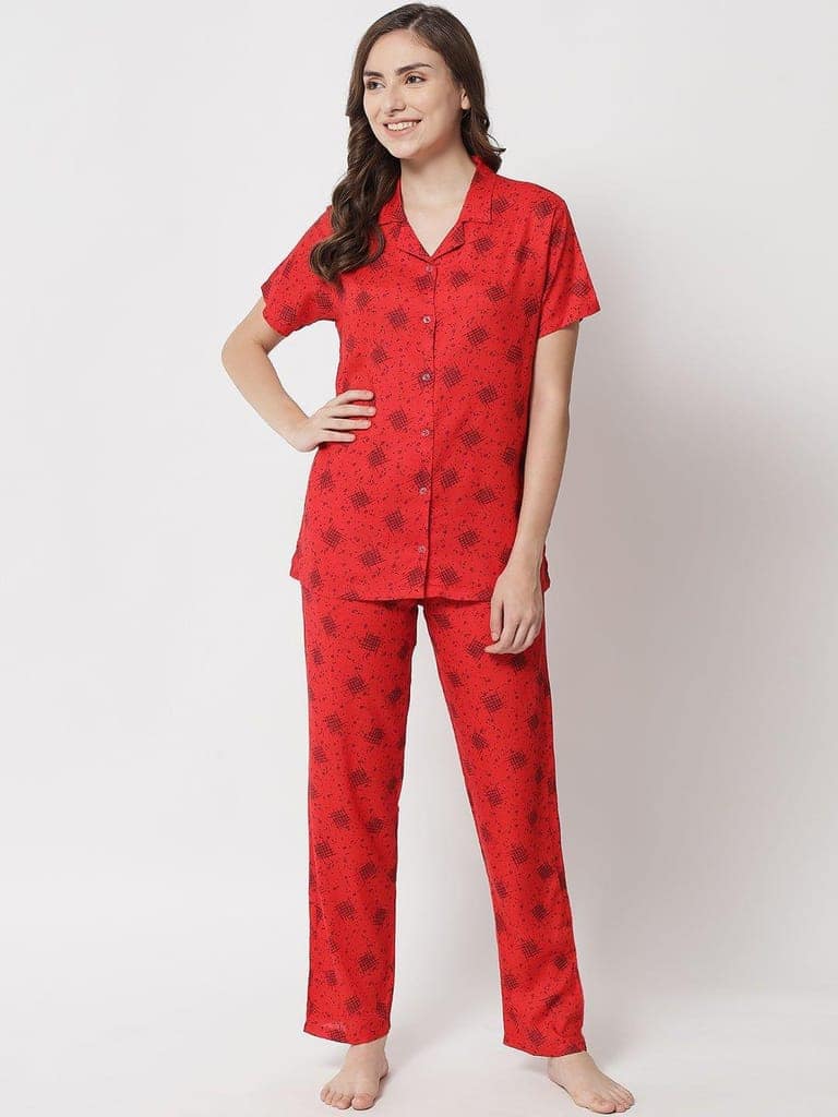 Printed Button Up Navy Nightsuit For Women With Pockets in Pyjamas N74Rd view 2