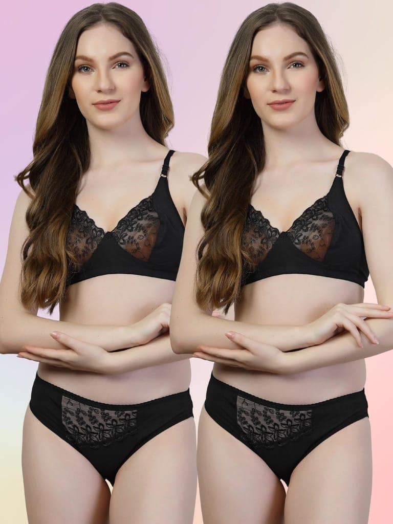 adornstar Women Cotton Lingerie Set with Solid Color Design | Non Wired and Non Padded Bra with Full Coverage Hipster Panty Set | Stylish and Soft Stretchable Fabric (Pack of 2) view 4