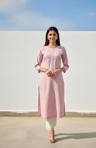 Women Pink Self Design Cotton Blend Kurta