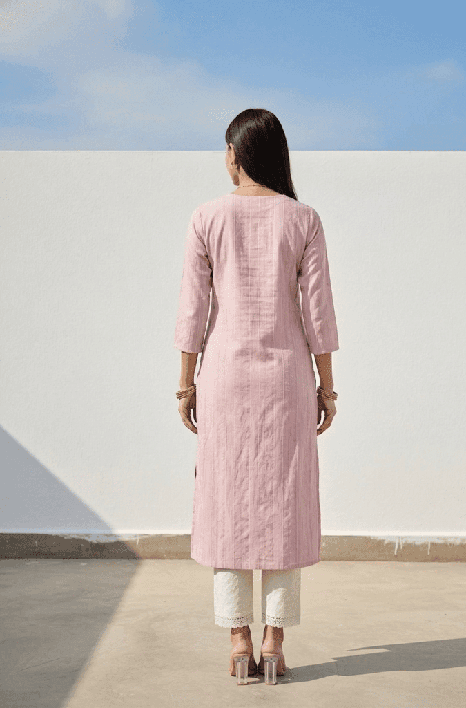 Women Pink Self Design Cotton Blend Kurta view 2