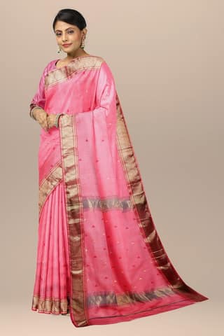 Rose Red Buti Handwoven Maheshwari Silk with Triangle Buti Border Saree SKU-BS10008