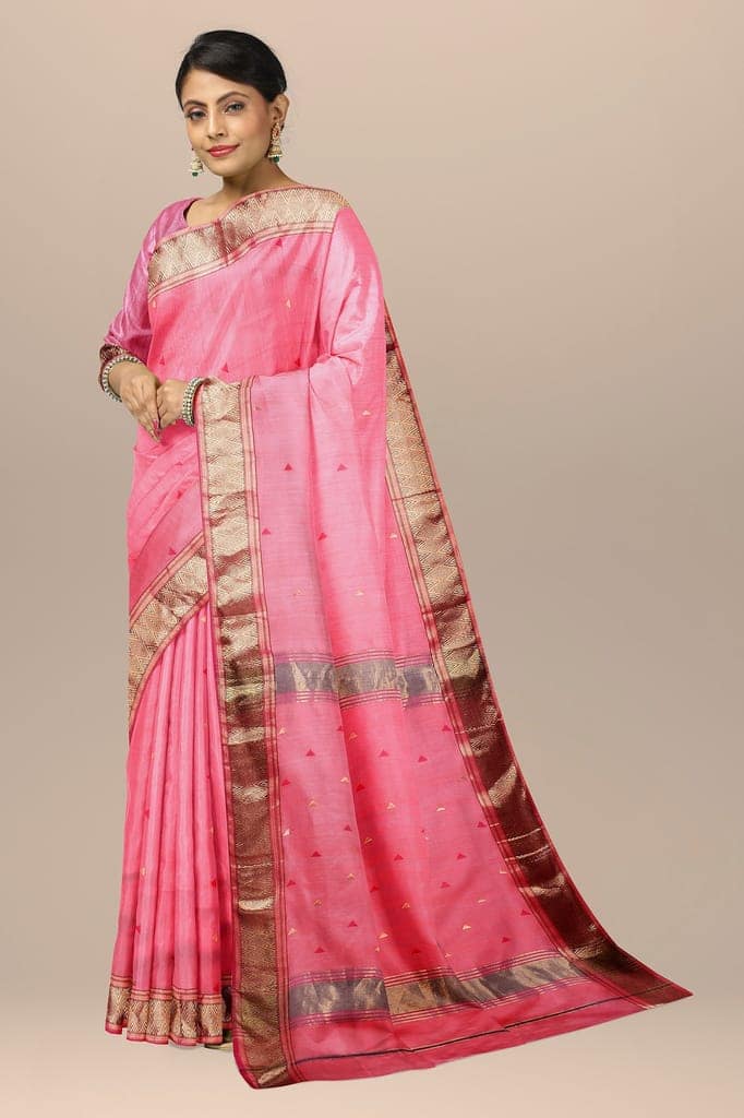 Rose Red Buti Handwoven Maheshwari Silk with Triangle Buti Border Saree SKU-BS10008